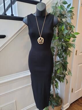 Bumpsuit Bodycon Midi Dress Women's Small Black Stretch Ribbed Knit Boat Neck